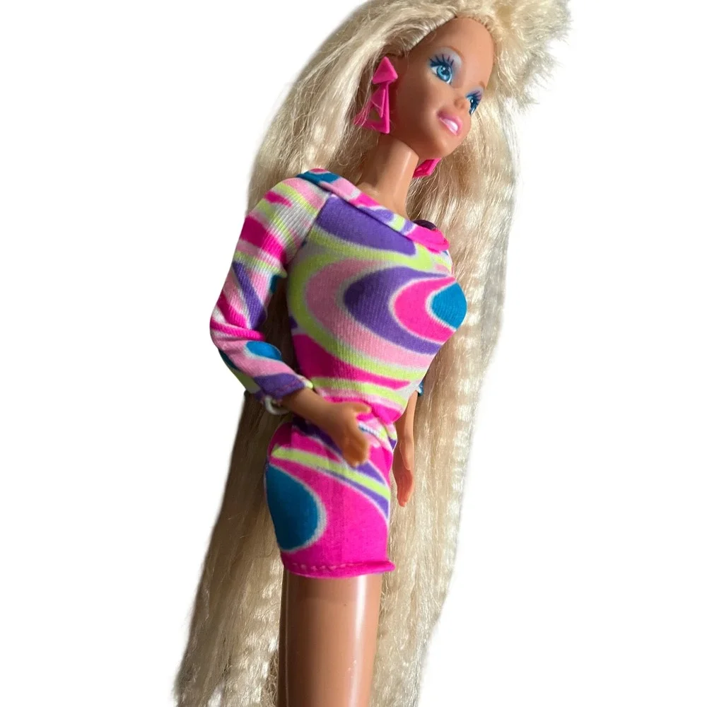 Vintage 1992 Mattel Totally Hair Barbie Doll Blonde Crimped Hair Pink Dress